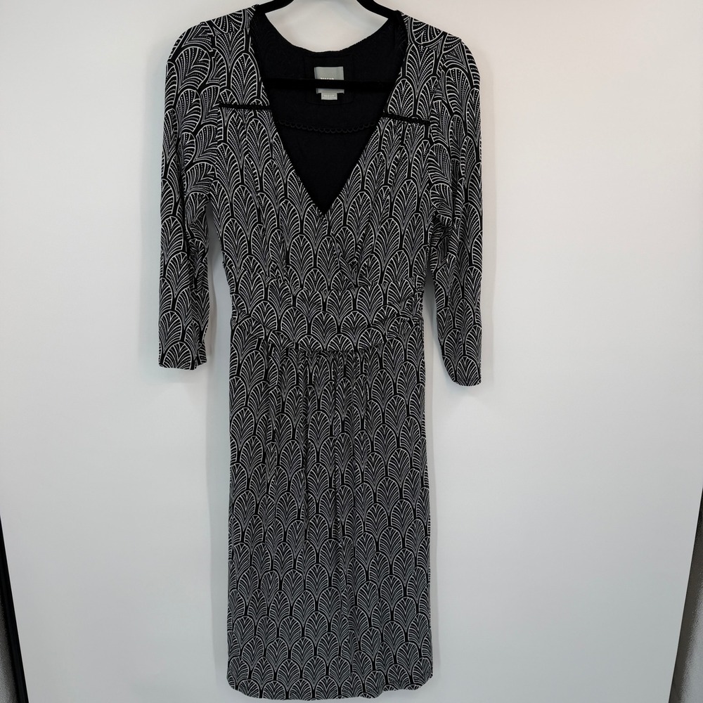 Maeve Anthropologie Black White Geometric Fan Print V-Neck Midi Dress Medium